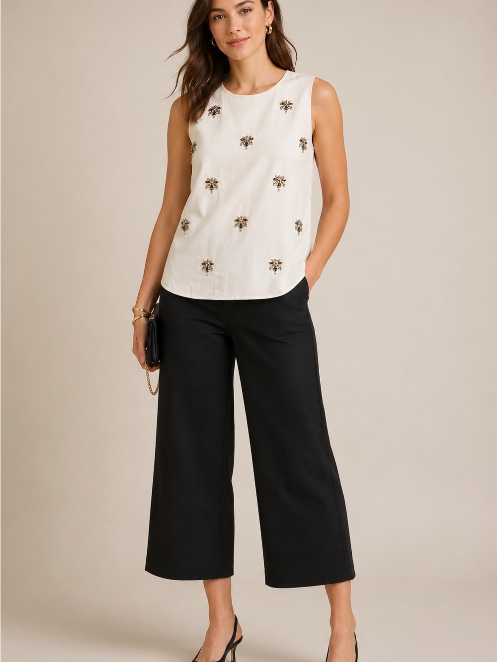 J.Crew Womens Ivory Embellished Sleeveless Top Size 12 Jeweled Cotton Blouse NWT